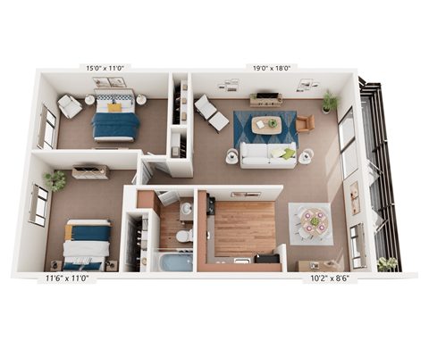 Floor plan for 2 beds, 1 bath, 900 sqft